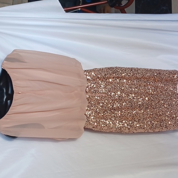 Suzi Chin for Maggy Boutique Champagne With Rast Gold Sequin Knee Length Dress - Picture 4 of 8